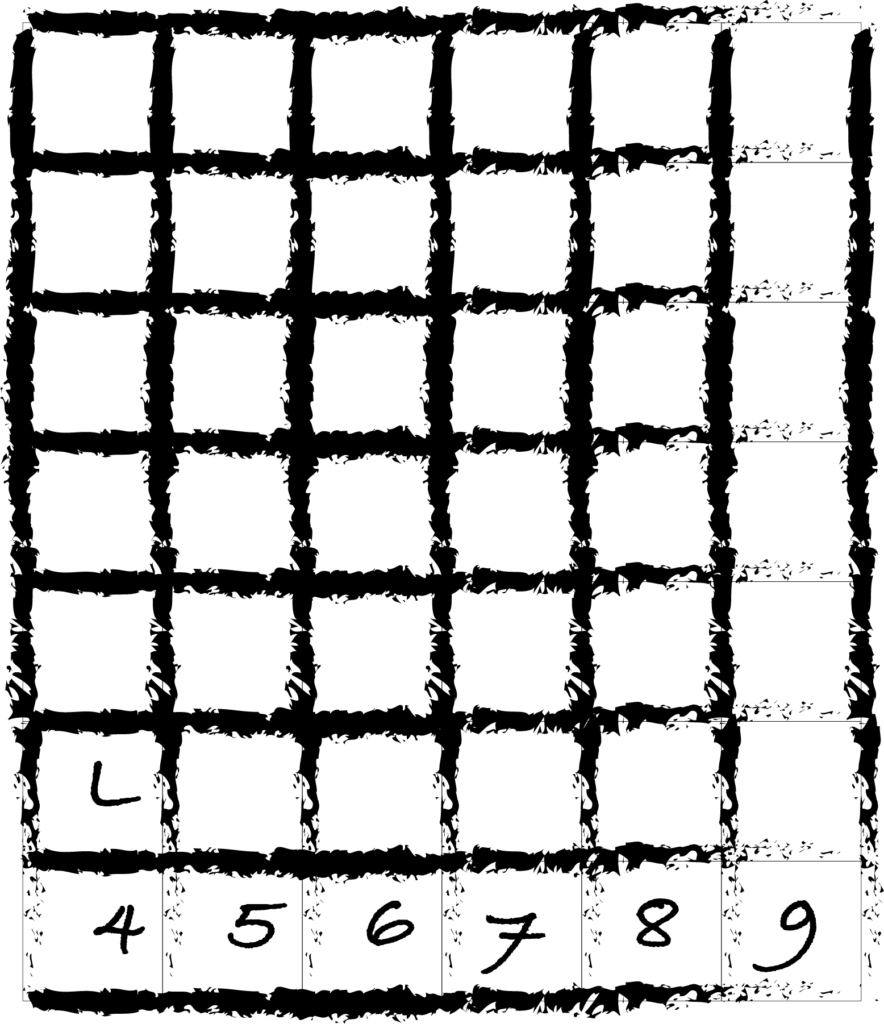 A 6x6 Playfair grid with the letter L in the 5th row first entry and digits 4-9 in the last row. 