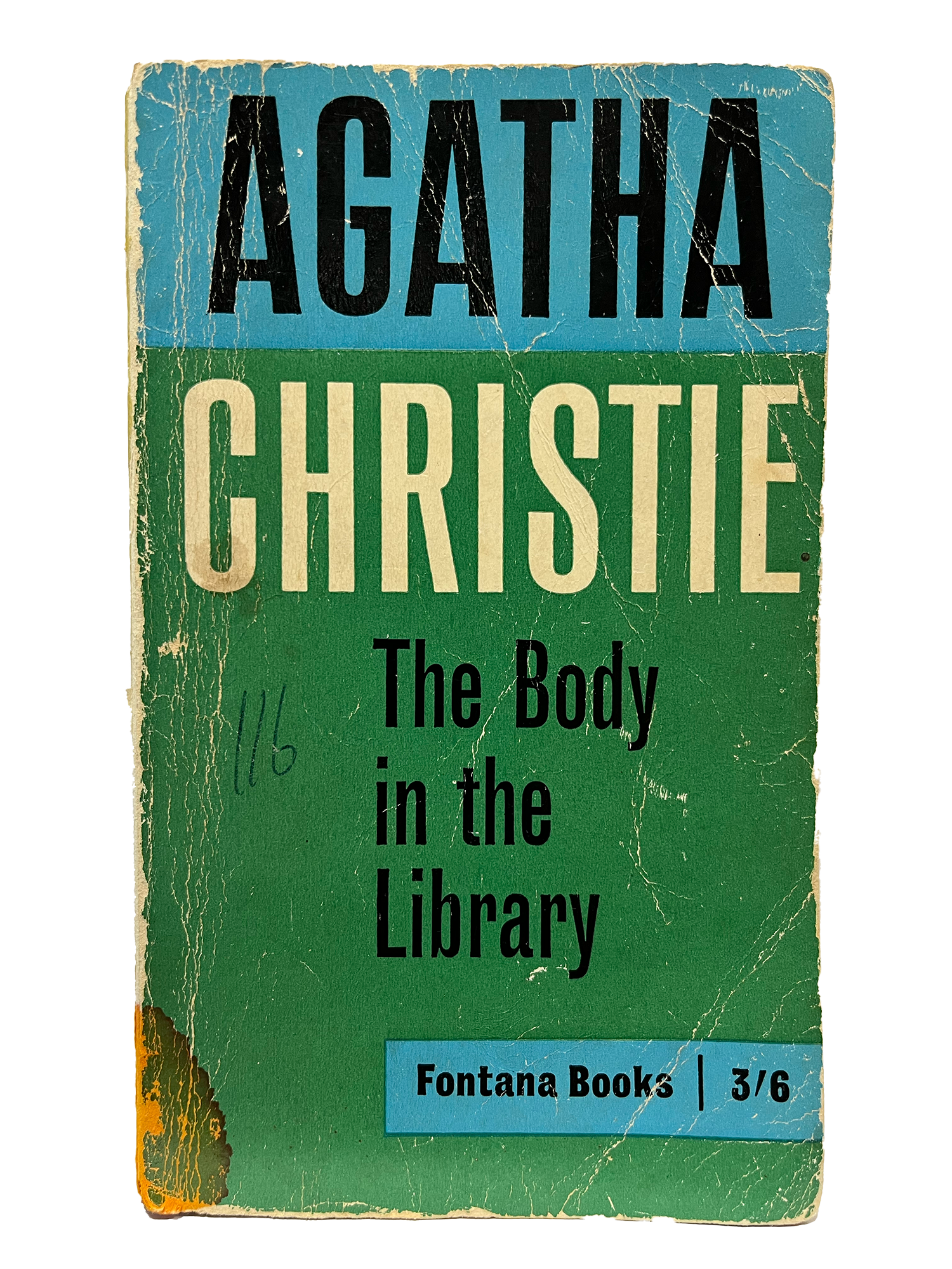 The cover of the Fontana Books edition of Agatha Christie's "The Body in the Library", annotated with 1/6 in blue pen