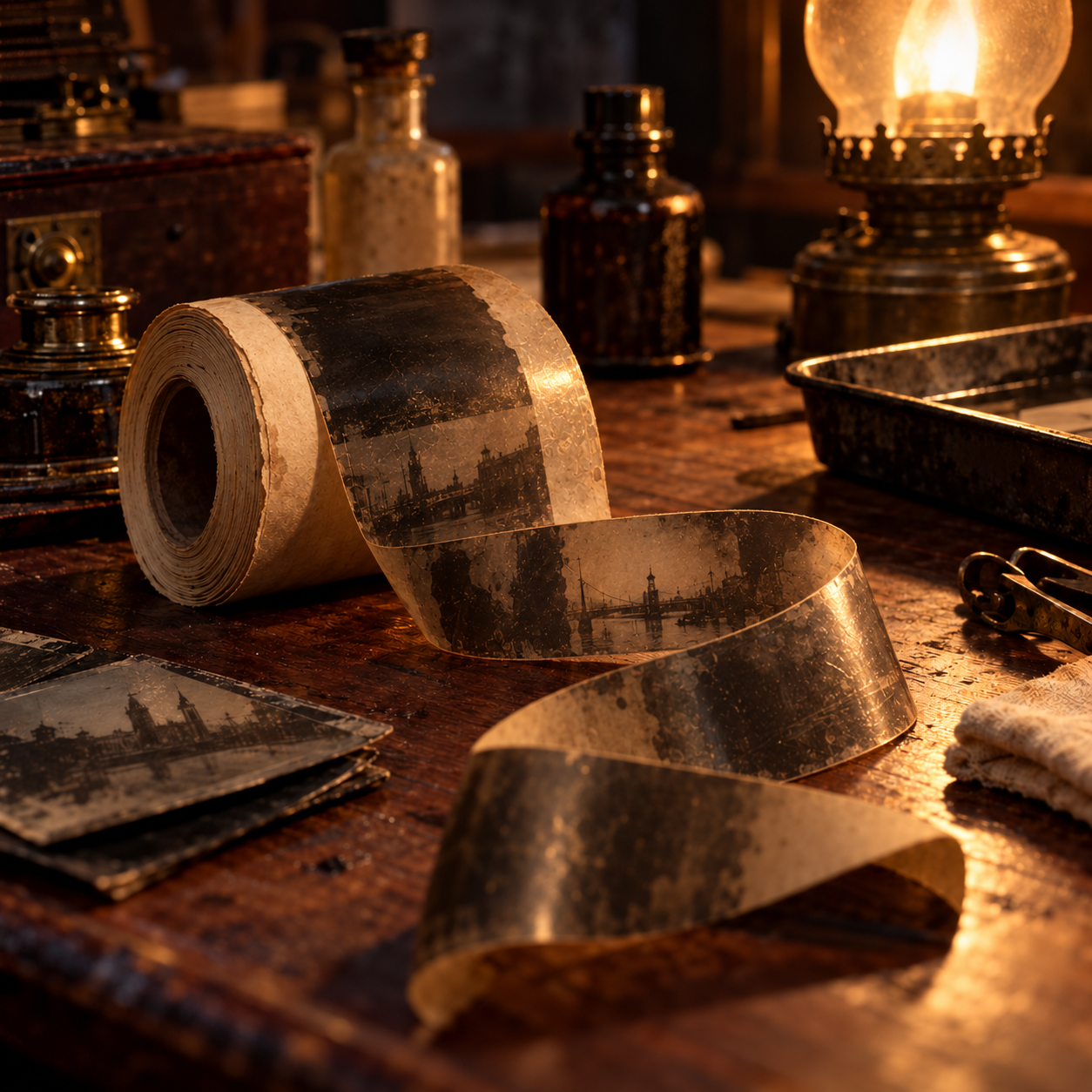 A roll of paper backed film uncoiled across a desk, illuminated by a lamp.
