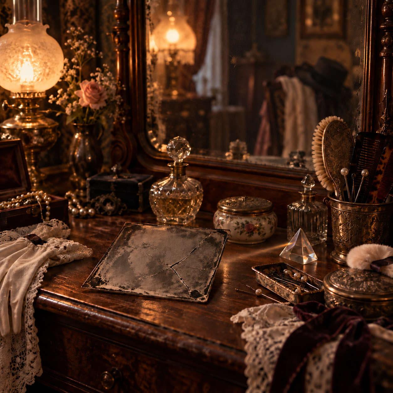 A dressing table with a mirror, laden with beauty items with a cracked glass plate lying centrally among them and a small prism casting a light.