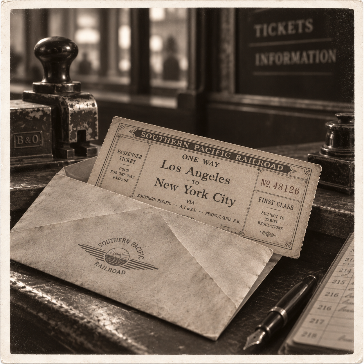 A Souther Railroad ticket for the train from LA to NYC, sticking out of an envelope on a ticket counter.