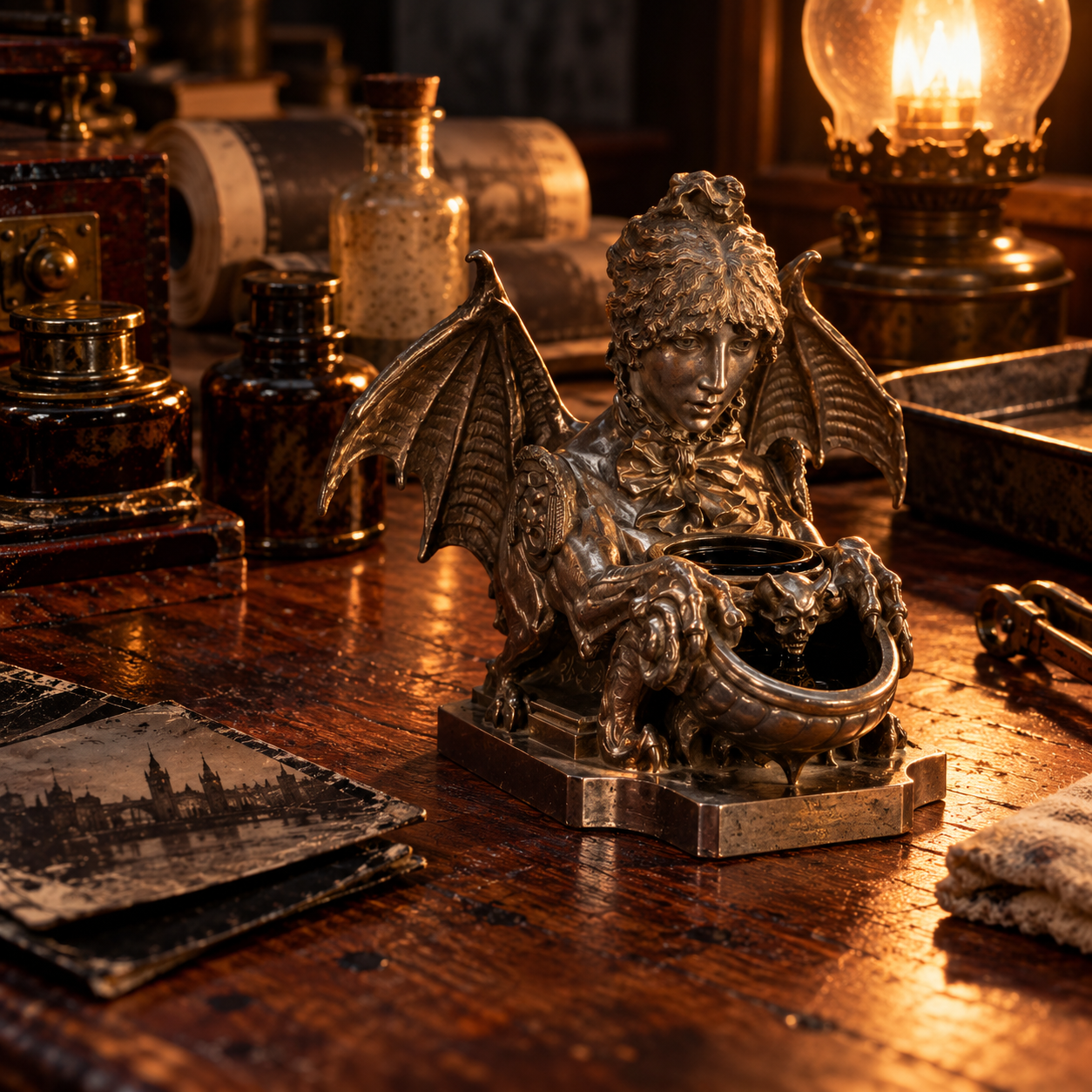 The Chimera inkwell on a desk surrounded by papers, ink and other things